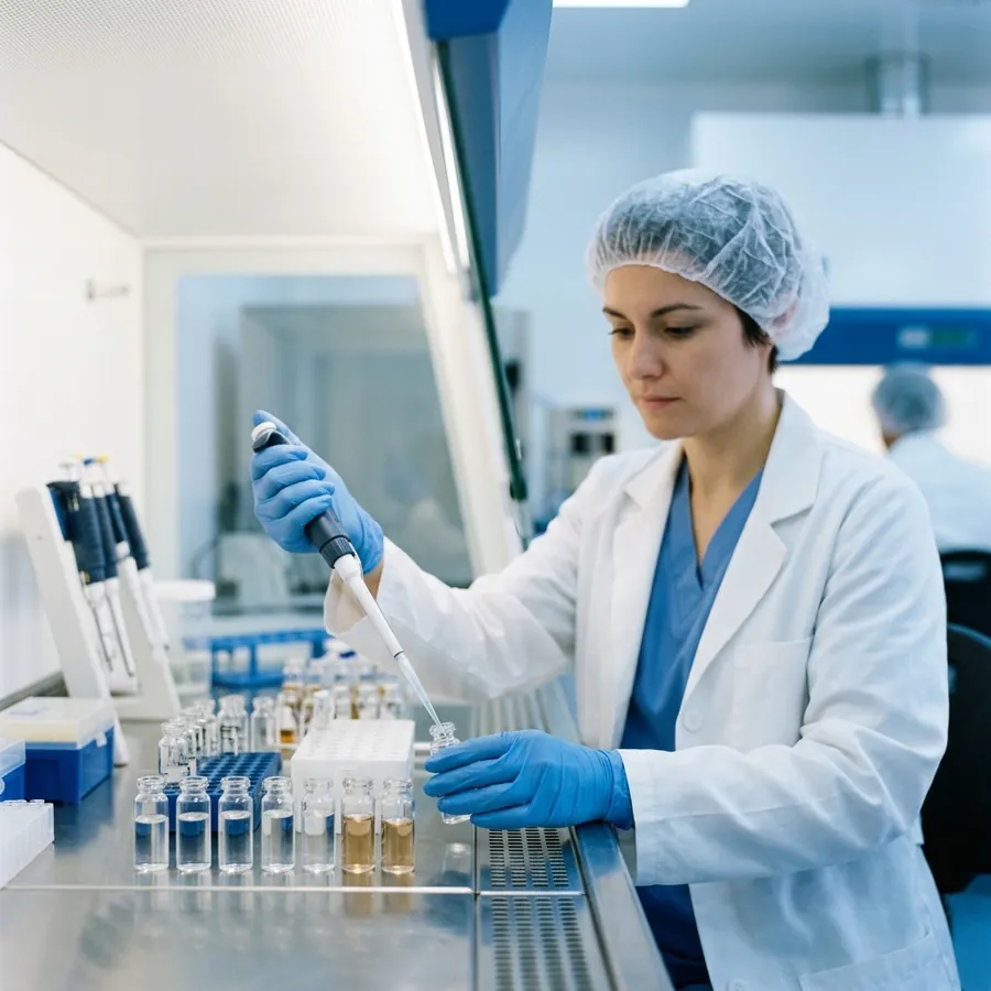 Química farmacéutica preparando una fórmula magistral en campana de flujo laminar