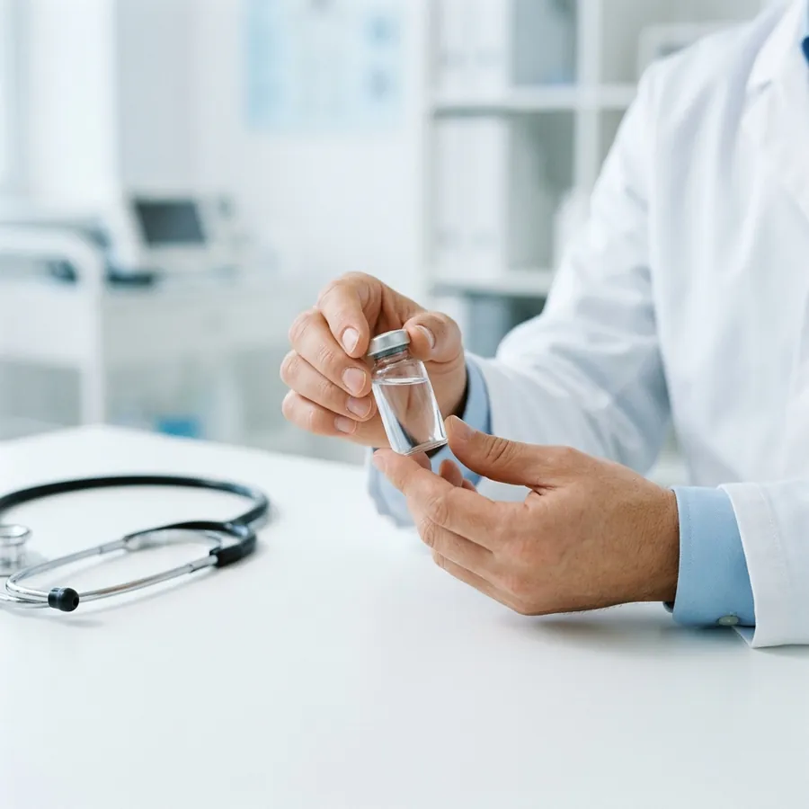 Médico sosteniendo un vial inyectable en su consultorio